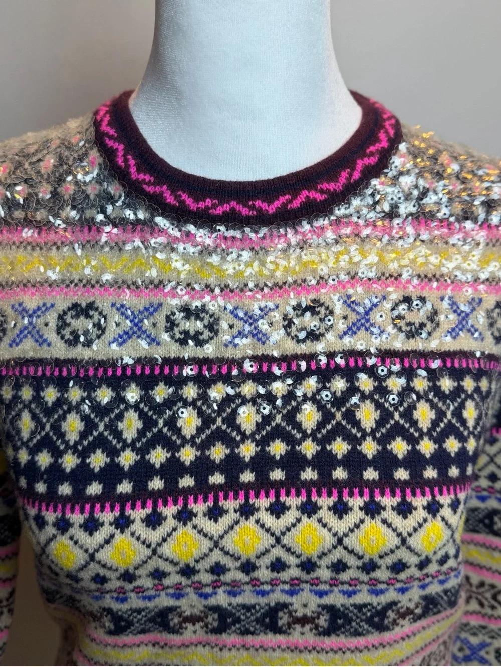 J. Crew Sequin Multicolor Fair Isle Lambswool Crewneck Sweater